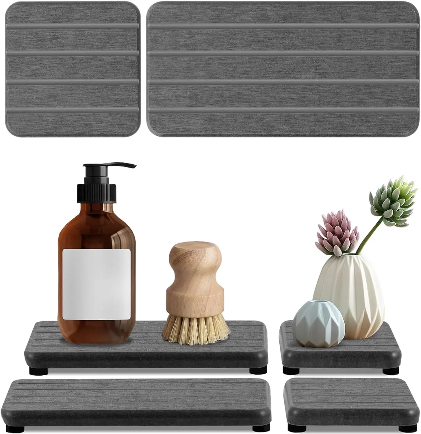 4PCS Standard Silicone-Stripe Diatomite Stone Soap Trays, 7 Inches * 3.5 Inches * 0.5 Inches Fast-Drying Water-Absorbing Modern Stripe Groove Trays for Bath-Kitchen Vanity Use