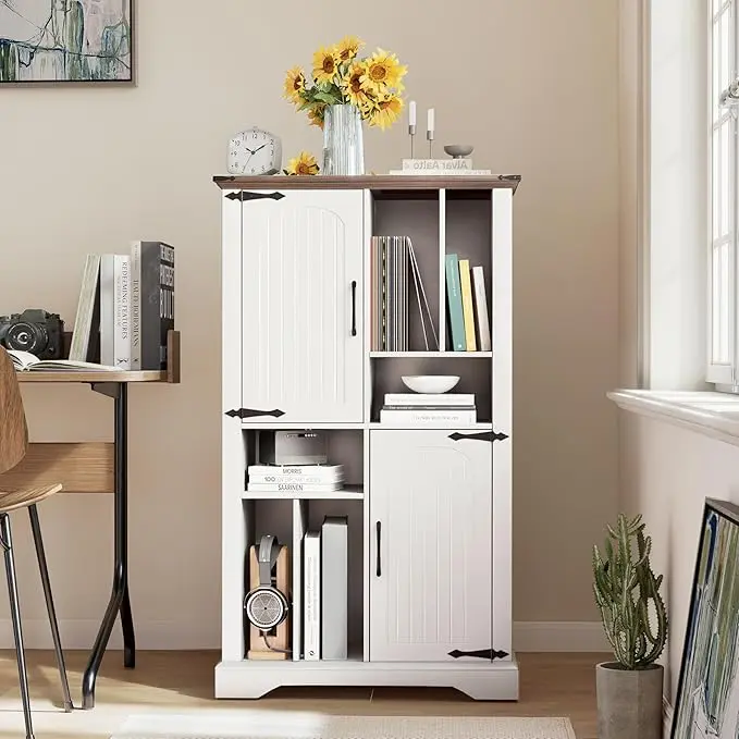 [Summergarden] Vabches 47" Farmhouse Wooden Bookshelf with Barn Doors, Dual Compartment Combination Bookcase with Open and Closed Storage, Rustic Appeal Freestanding Wood Cupboard (White)