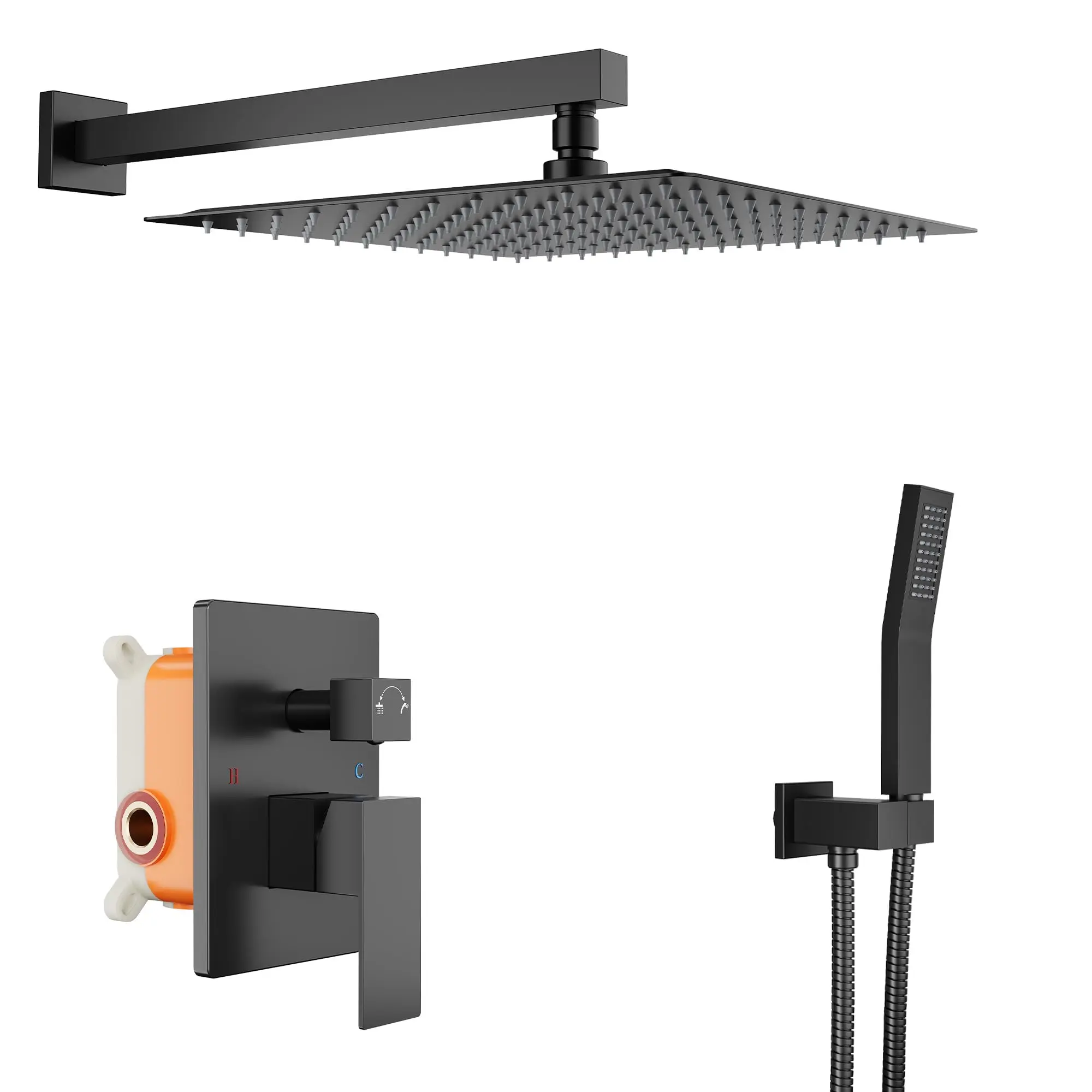 Garvee Luxury Rainfall Shower System, Wall Mounted Rain Shower Head Combo Set with Rough-in Valve and Trim, Polished Chrome Finish, 12 in High Pressure Bathroom Shower Set with Handheld Sprayer(Matte black