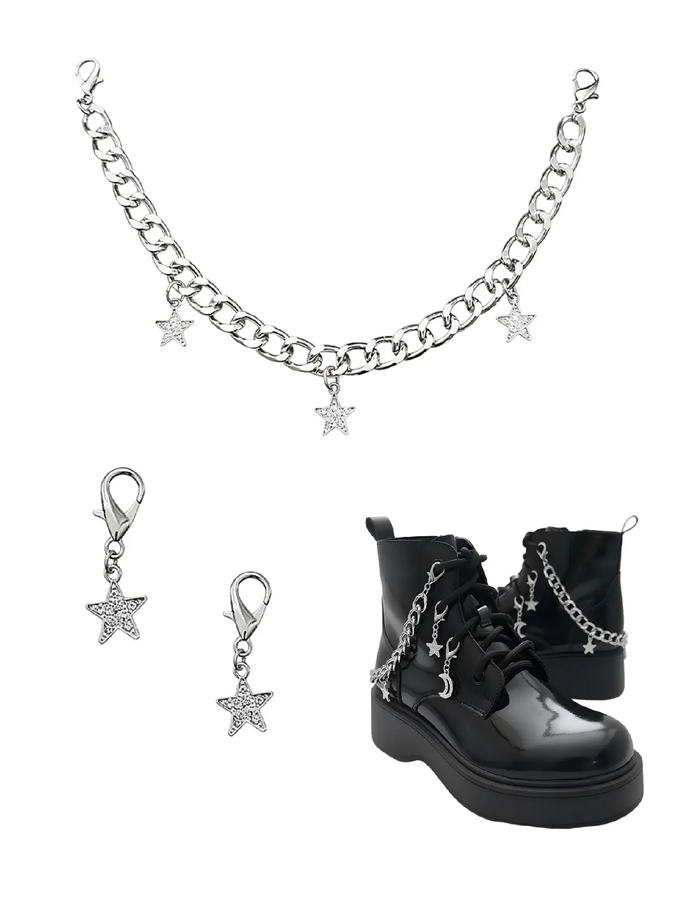 3-Piece Crystal Sequin Star Shoe Boot Chain Set, Metal Ankle Chains with Buckles, Y2K Style DIY Accessories for All Seasons, Bling Shoe Charms