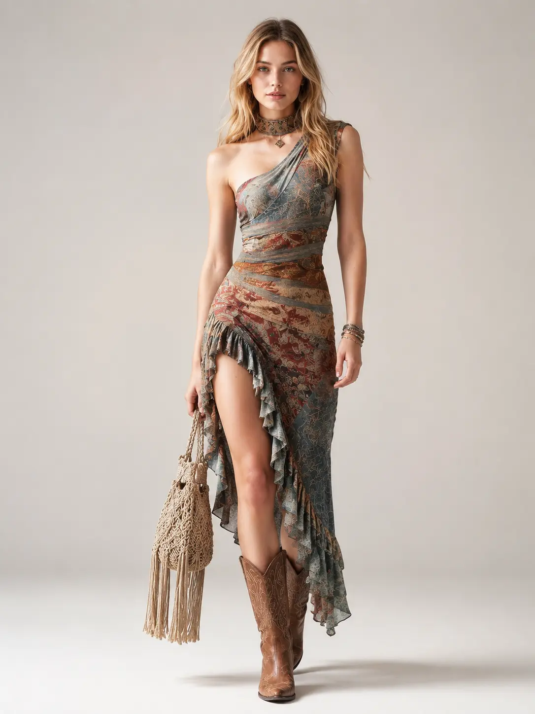Lady's 1-Shoulder Boho Maxi Formal Dress - Vintage Abstract Print, Cutout, Sleeveless, Asymmetrical Ruffle Hem, Elegance Statement Piece for Summer Beach Vacation Formal Wear, Maxi Dress For Women, Boho Clothes For Women, Style, Below Ankle