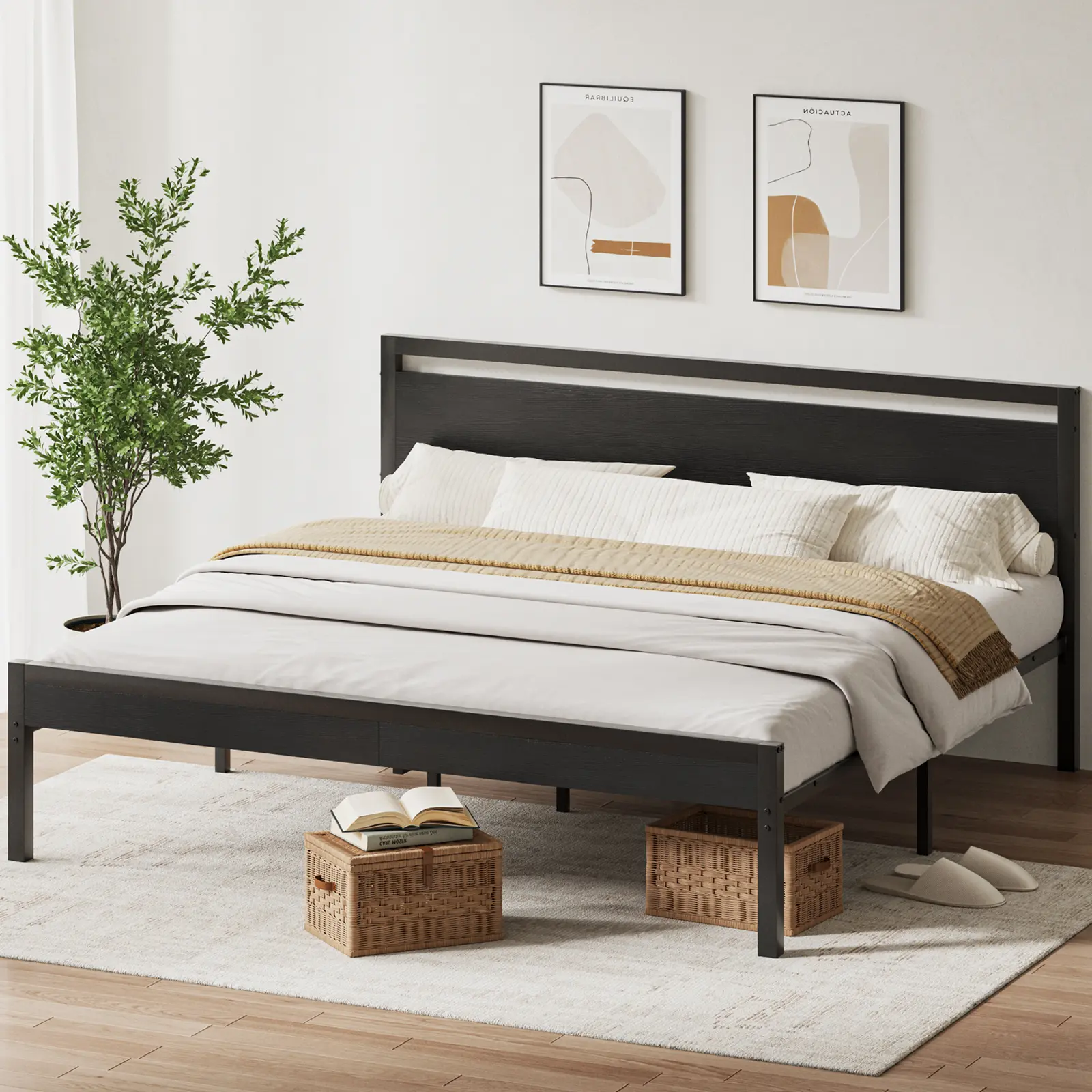 Metal Platform Bed Frame with Wooden Headboard and Footboard, Heavy Duty Mattress Foundation with Under Bed Storage, No Box Spring Needed, Noise-Free Steel Slat Support