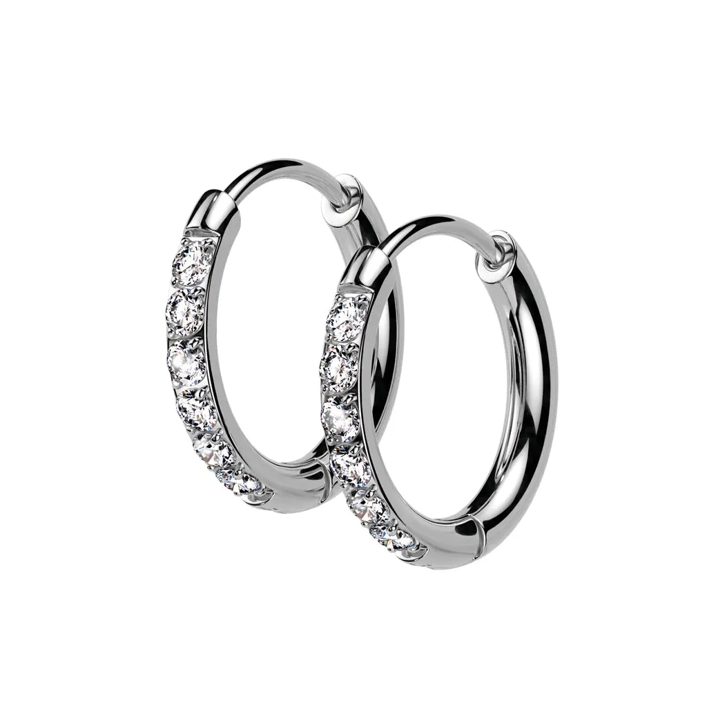 CZ Crystal Lined 2mm Thin Hinged Huggie Hoop Earrings - Pair - 316L Stainless Steel