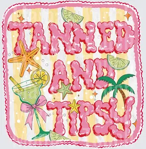 Tanned and Tipsy Pink Bubble Letters with Tropical Elements