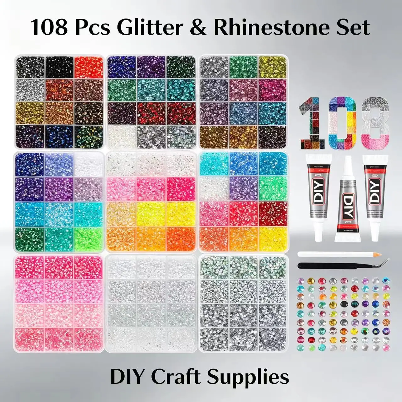108 Colors Nail Art Rhinestones Set, Flat-Back Glass Gems, DIY Nail Decoration Kit with Glue & Tweezers, Universal Tool Set for Diamond Painting