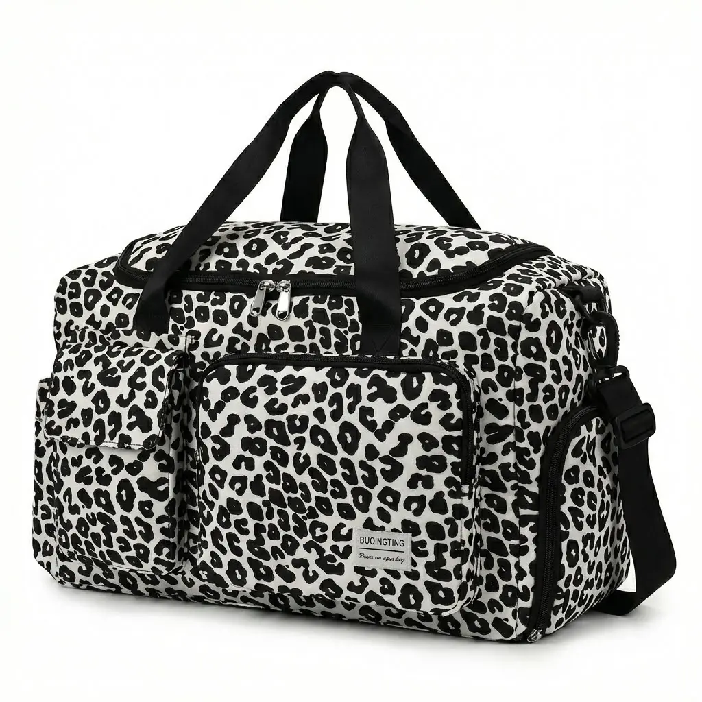 Women's Leopard Print Travel Duffle Bag, Large Water-Resistant Weekender for Gym with Shoe Compartment, Wet Pocket & Trolley Sleeve, Gym Travel Duffel, Bags For Women, Compartmentalized, Animal Print, Multi-Compartment, Waterproof