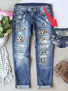 Women's Patch Ripped Distressed Mid-Waist Boyfriend Fit Washed Cute Chic Leopard Print Loose Denim Jeans Elastic Waistband Breathable Comfy for All Seasons
