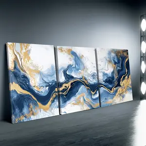 3-Piece Framed 2D Abstract Blue and Gold Marble Wall Art Set - Glossy Waterproof Coating, Minimalist Posters & Prints, Artistic Home Decoration for Living Room, Wardrobe, Ideal Birthday Holiday Gift