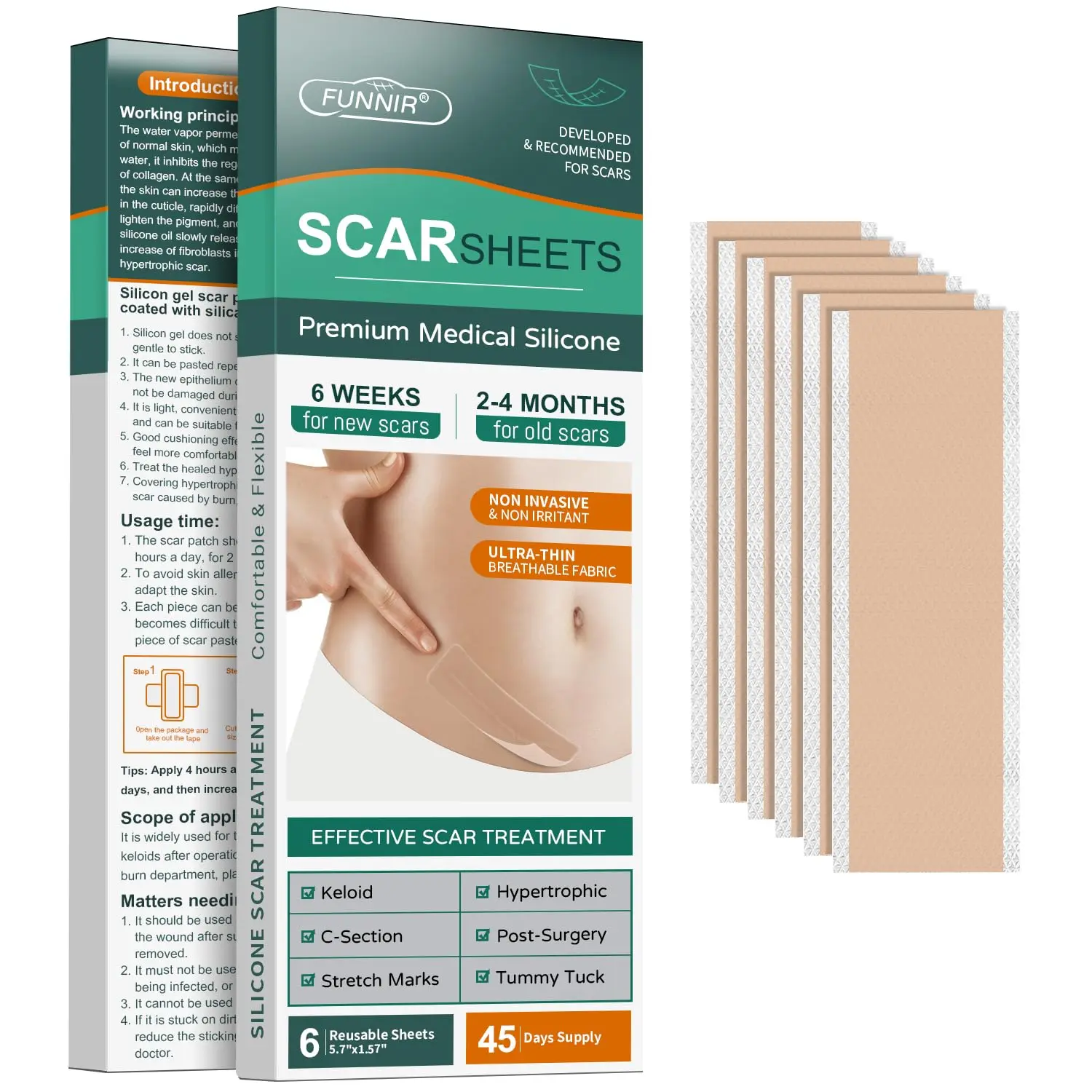FUNNIR Silicone Scar Sheets, Tape, Strips - Healing Keloid, C-Section and Tummy Tuck - As Surgical Cream, Gel, Patch, Bandage, Pad - Surgery Scars Treatment 5.7"x1.57" - 6 Pack