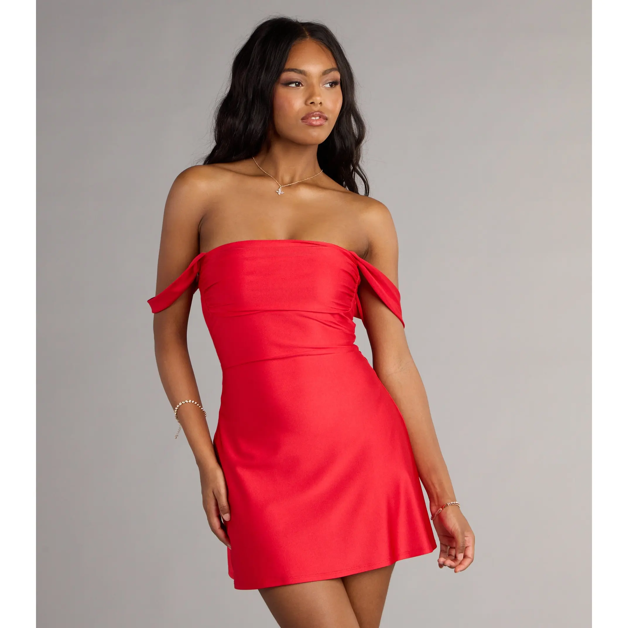 chinese dress ladies Classics Lover Off-The-Shoulder Satin A-Line Mini Dress in Sage | Size: L | Knit Fabric/Satin Fabric