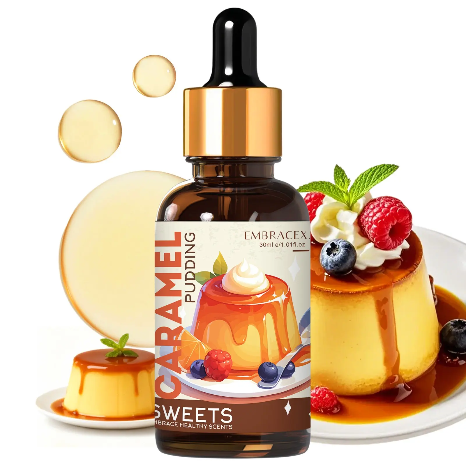 30ML Caramel Pudding Essential Oils with Dropper, Scented Oils, Home Decor, Office Supplies, Humidifier Diffuser, Long-Lasting Scent, Holiday Gift