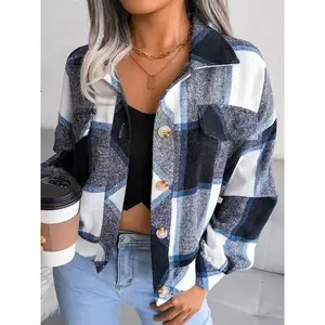 A ladies' blue-gray checked collar long-sleeved shirt jacket for casual wear, suitable for both indoor and outdoor occasions.