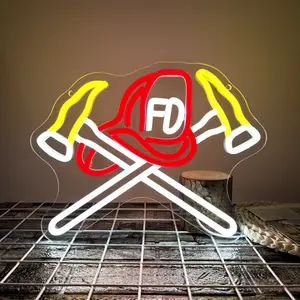 Firefighter Fire Department Neon Sign, USB Powered Fire Department Symbol Sign Dimmable LED Light, for Fire Department Axe Wall Art Emergency Services First Responder Wall Decor(12.9 * 10.2 In)