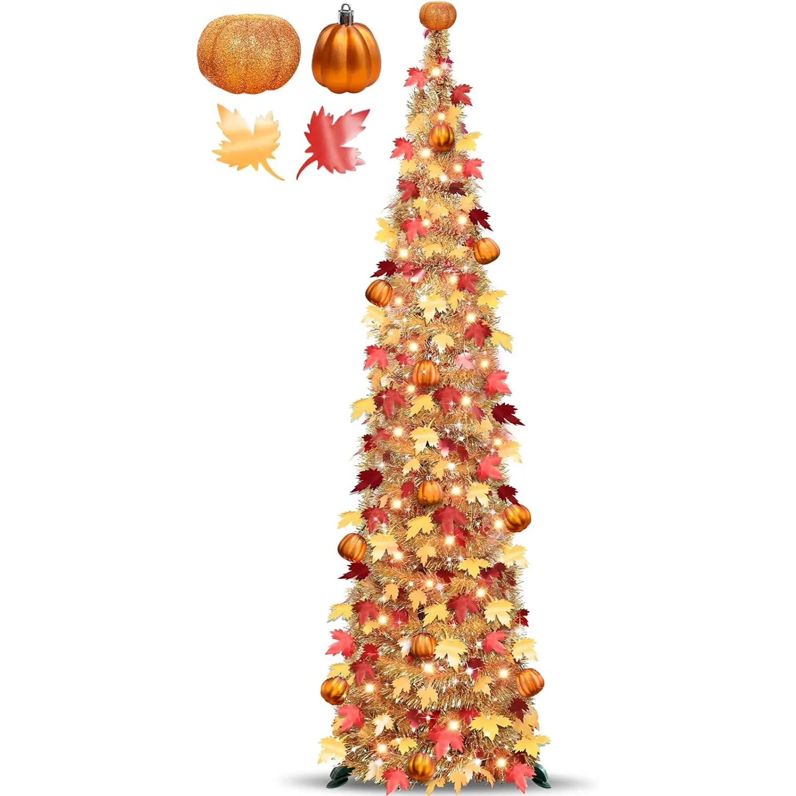 5 FT Fall Tree Fall Decor - Pop Up Tinsel Maple Tree with 50 Warm White Lights & Orange Pumpkins, Battery Operated Lighted Fall Halloween Thanksgiving Decorations for Indoor Home Harvest Party Decor