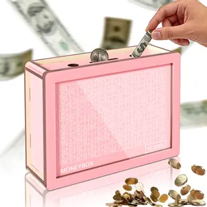 10000 Larger Size Savings Challenge Box for Adults Kids - Cash Vault Wooden Money Savings Box - Kakeibo Money Bank - Pink Wooden Cash Coin Piggy Bank with Counter and Dry Erase Pen