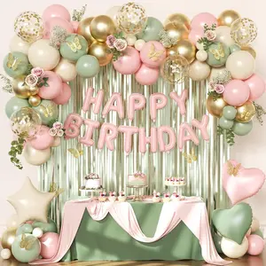Pink and Green Birthday Decorations for Women Girls, Sage Green Pink Sand White Gold Foil Confetti Balloons Happy birthday Banner Gold Butterfly Fringe Curtains Birthday Decorations
