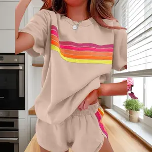 Trendy Rainbow Color Block Set | Stylish Casual Two-Piece Must-Have Versatile​ | Women's Rainbow Print Casual Two Piece Outfit, Soft Short Sleeve Top and Elastic Waist Shorts Set, Comfortable Loose Fit Loungewear for Daily Wear, Vacation