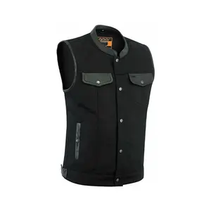 Men's Black Denim Club Vest With Genuine Leather Trim & Hidden Zipper