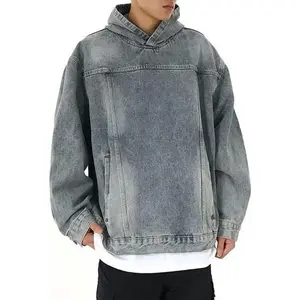 Men’s Casual Pullover Denim Jacket Vintage Distressed Jean Hoodie Jacket Oversized Sweatshirt Tops