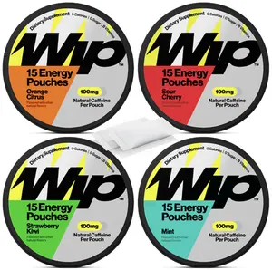 Wip Energy Pouches Sampler 100mg - 15 Pouches of 4 Flavors - Energy Caffeine Pouches for an Energy Boost Enhanced with Vitamins B Niacin and Natural Caffeine Sport Beverage