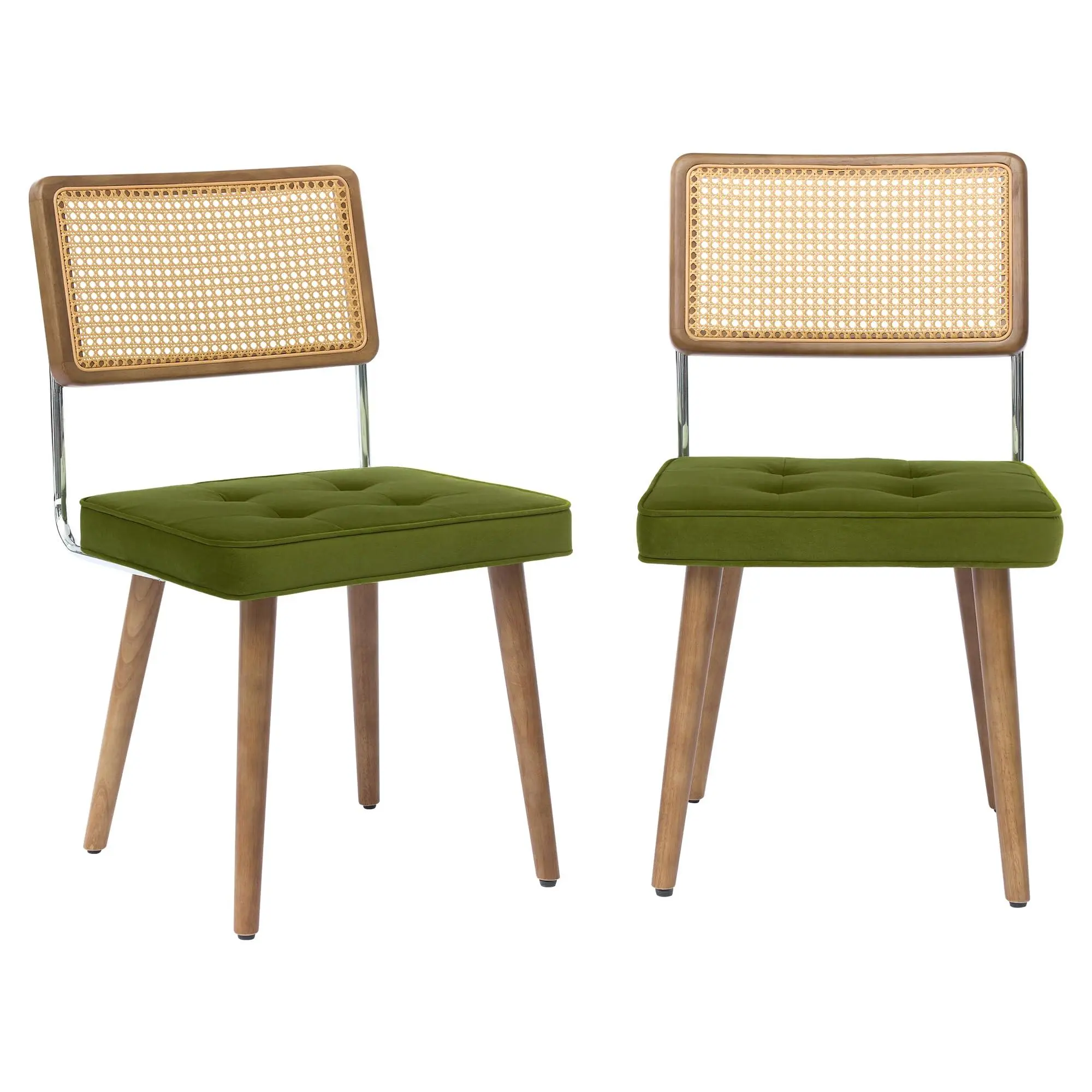 2-Pack Boho Woven Texture Rattan & Wood Dining Chair - High Back Velvet Seat, Sturdy Solid Frame, Quick Install, Ideal for Kitchen, Dining Room, Green