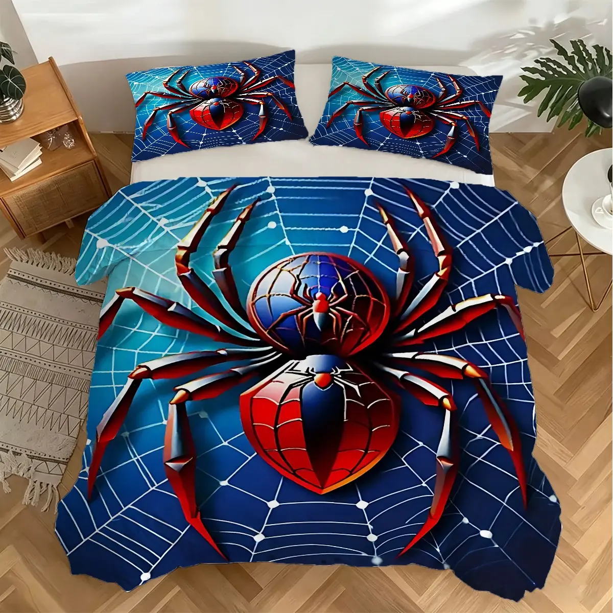 2/3Pcs Spider Print Duvet Cover Set, Blue Spiderweb Bedding Set, Decorative Duvet Cover, Soft and Breathable Fabric, Easy to Care for, Bedroom Decor, Suitable for Teen Bedrooms, Dormitories, Suitable for All Seasons (Pillowcase Without Pillow Insert)