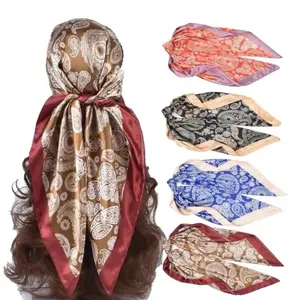 4 Pieces 35 Inch Satin Head Scarves Large Square Silky Feeling  Satin Boho Hair Bandanas for Woman gGirls headbands Floral Pattern Shawl Solid Color Shawl