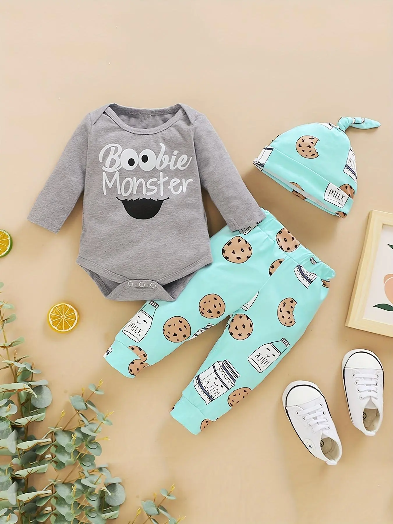 Baby's Letter Print Long Sleeve Bodysuit & Pants & Hat Set, Cute Three-piece Set Outfits for Infant Toddler Kids, Baby Clothing, Newborn Baby Boys Clothes for  Daily Wear, Fun Themed Bodysuits, Toddler Onesies, Printed Bodysuit Set