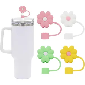 4Pcs 0.4in Diameter Cute Silicone Straw Covers Cap for Stanley Cup, Dt-Proof Drinking Straws Reable Straws Tips Lids (4 PCS Flower Straw Covers)