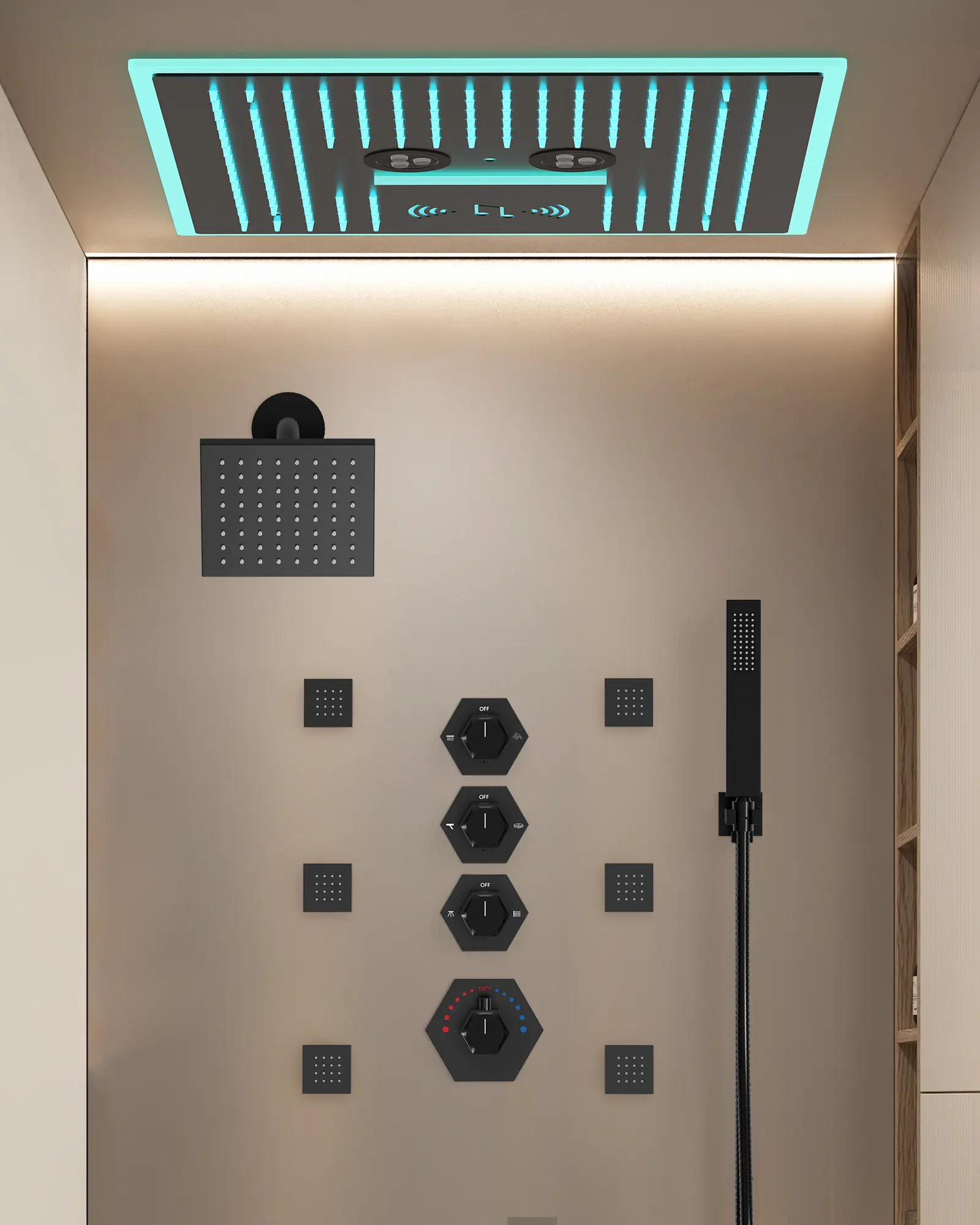 16" High-Pressure Rainfall Complete Shower System with Bluetooth Music and LED,  Rough in-Valve, 2.5 GPM | Smart Temp Flow | 26 Spray patterns | Revitalize with Body Jets | Stable Water Temperature | Quiet Operation | Precision Temperature Control