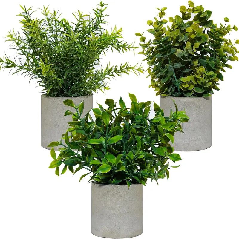 3 Sets Mini Potted Artificial Plants Indoors in Pots Fake Plants Eucalyptus Faux Plants Rosemary Plants for Office Desk Kitchen Bedroom Garden Decor Decorative