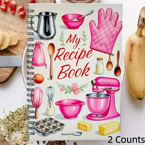 2 Counts Durable Spiral Recipe Notebook with My Cookbook Design and Kitchen Tools Illustrations, Blank Pages, Perfect Holiday Gift Item