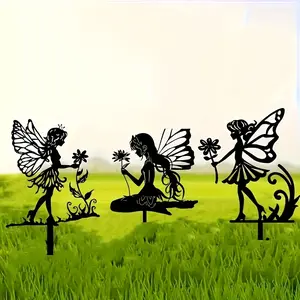 3 Pack Metal Fairy & Elf Silhouette Garden Stakes - Outdoor Yard Lawn Decor, Rustproof Insert Stakes for Patio Balcony Courtyard, Whimsical Spring Wedding Garden Art