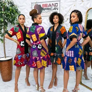BeyondAfricanWear Women's Aso Oke Ankara Dress - Casual Floral Fit and Flare Style with Adjustable Side Belts, Lady