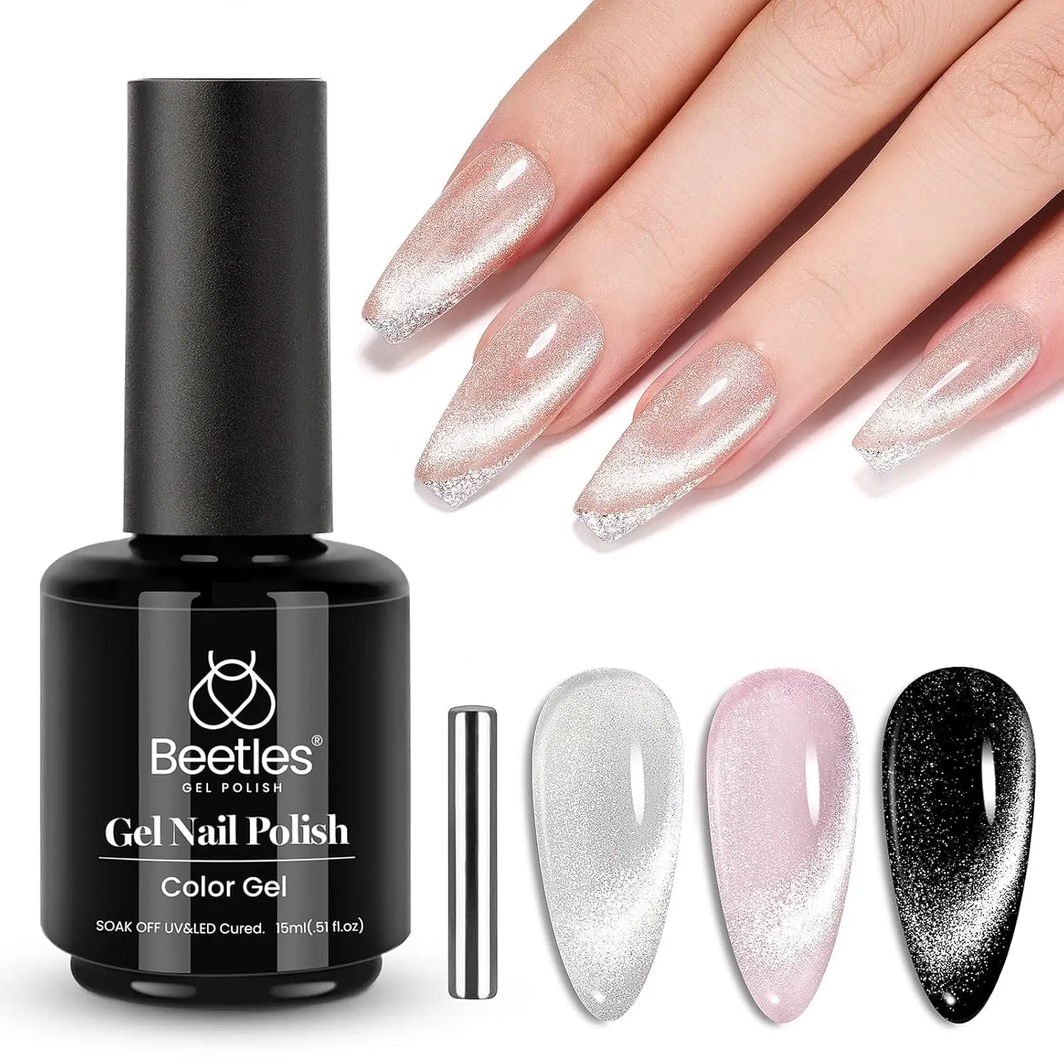 Beetles Cat Eye Gel Nail Polish 15ml Gel Polish Soak Off UV LED Nail Lamp 1 Color Silver Shimmer Velvet Gel Nail Polish Nail Art Manicure Salon DIY Home Case Daily