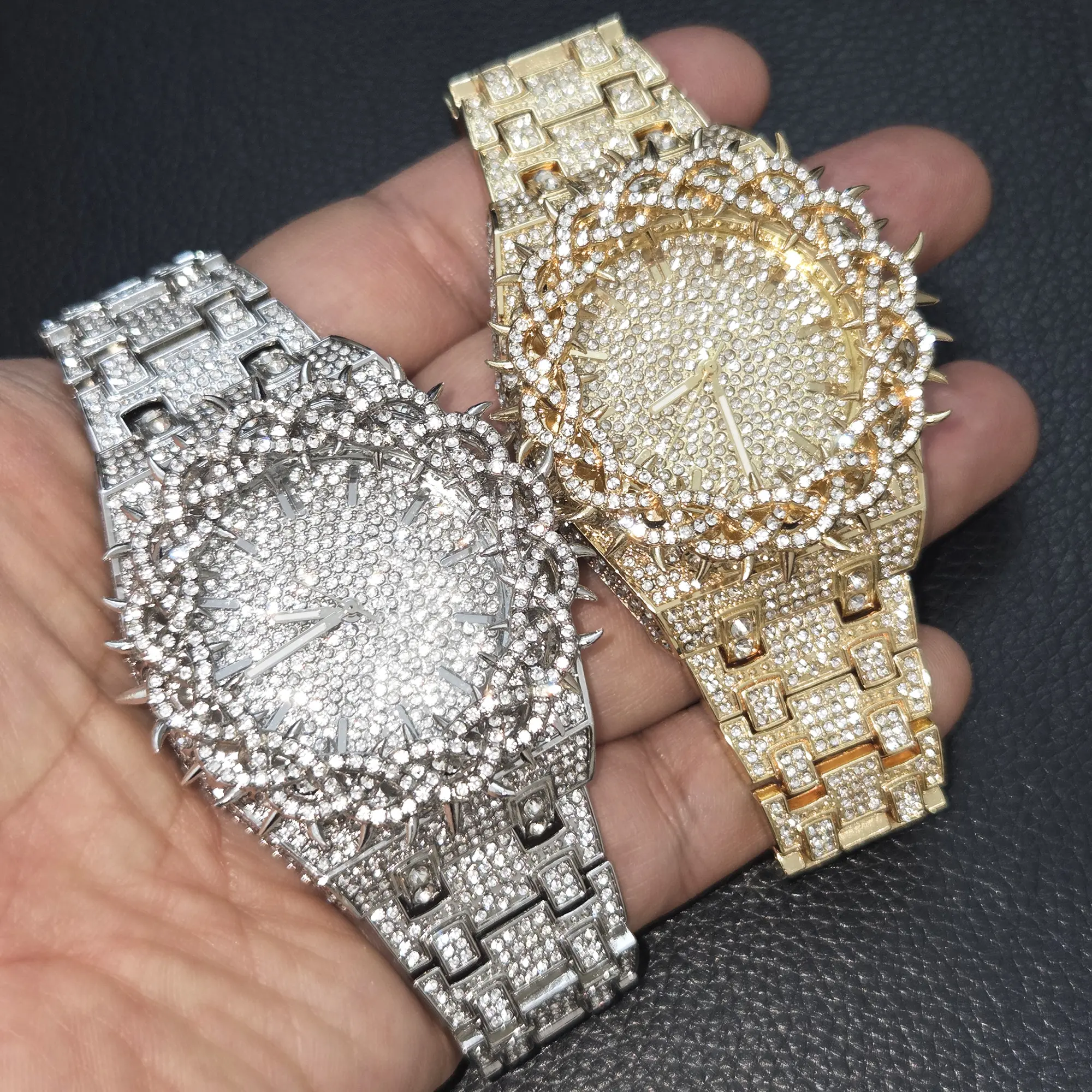MaxBling81 Men's 44mm Bling Watch, Iced Crown-of-Thorns Bezel, Gold-Silver Plated, Diamond Accents, Ice Sparkle, Luxury Hip Hop Look Wristwatch for Male Wear Fashion