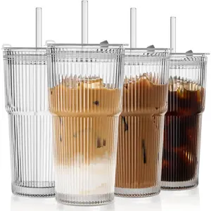 20 Oz Ribbed Glass Tumblers with Lids and Straws - 4 Pack Reusable Glass Coffee Cups with Straws and Lids, Thicken Glass, Ideal for To Go Iced Coffee