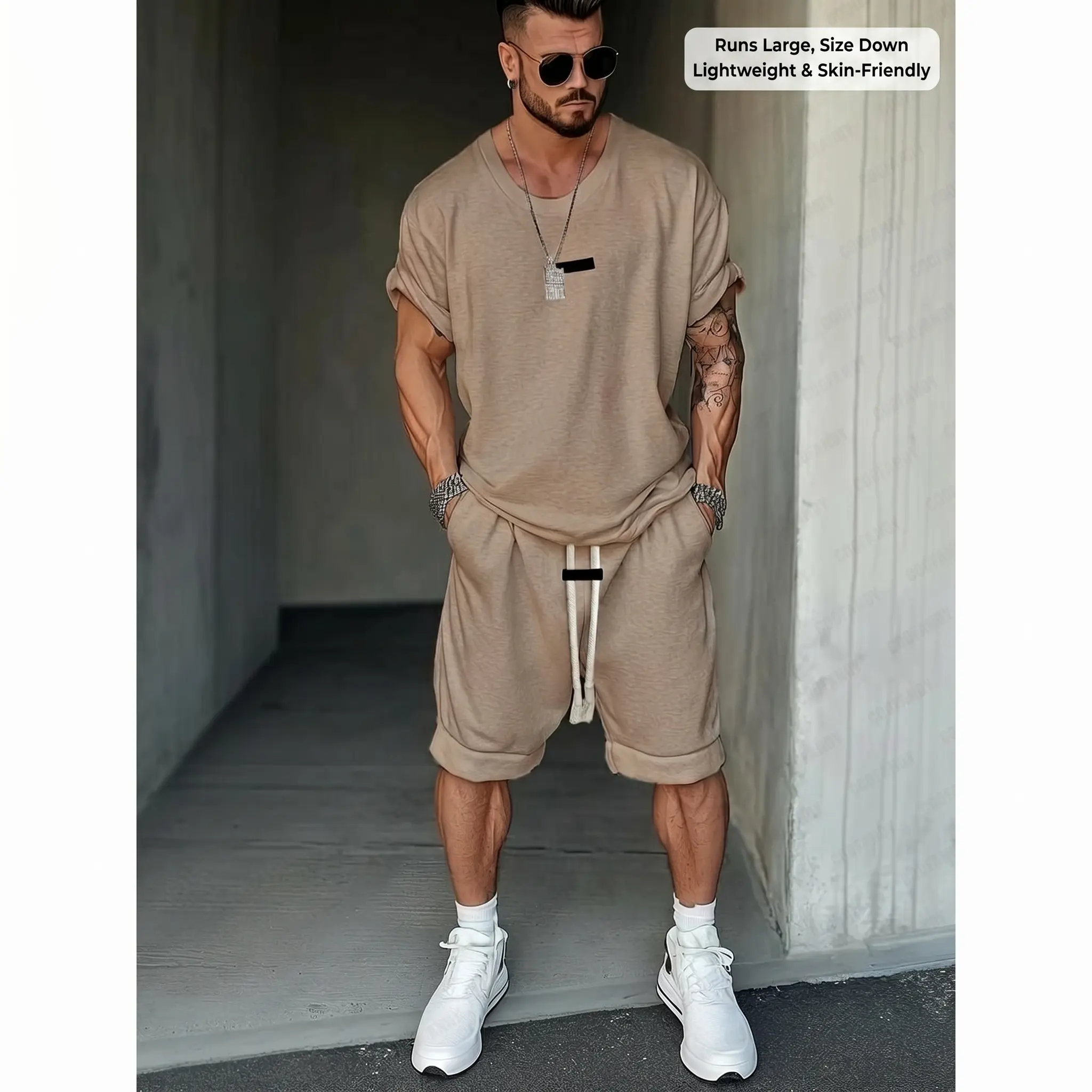 Coofandy Men's 2 Piece Athleisure Set - Mensfashion 2 Pcs Set, Street Style Drop Shoulder Crew Neck Cotton-Poly Mix Tshirt Outfit, Lightweight Regular Fit Soft Apparel with Pockets, Front Patch, Elastic Waistband, Sporty Chic for Workouts, Travel, Men's 2