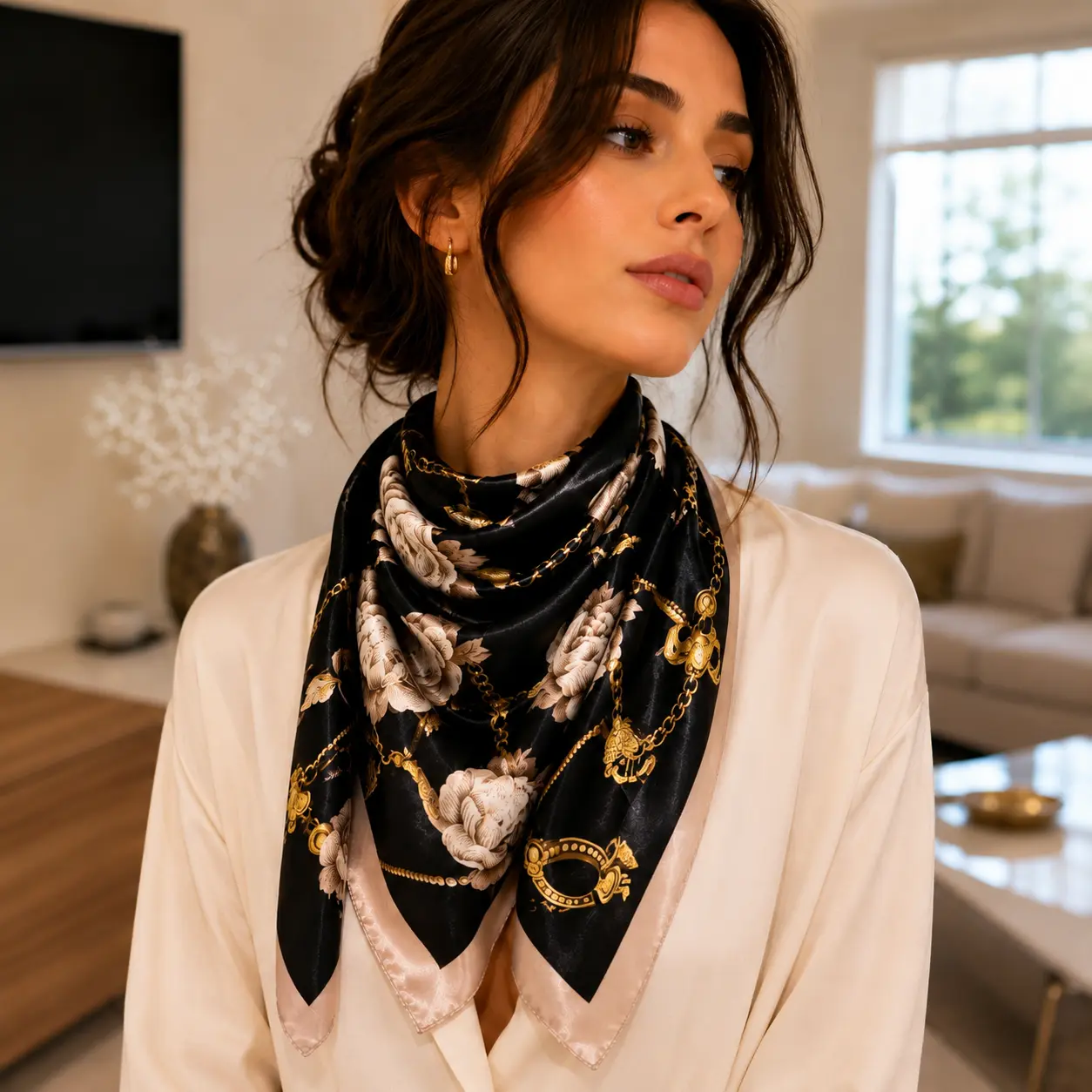 Women’s Satin Silk Scarf – Luxury Floral Print Neck Scarf, Elegant Fashion Shawl for Women, Black & Gold