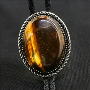 Tigers Eye Stone Mens Bolo Tie Wedding Necklace PU Leather Rope Western Cowboy Handcrafted Groom Jewelry Natural Gemstone Necktie BoloTie Earthy Luxury