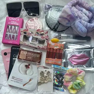 Scoop Huge Fun Stuff - Random Makeup Jewelry Press On Nails Nail Decals Lip Gloss Hair Clips & Cosmetic Blush Lipstick Glossy Eyeshadow Scented Set with Brush