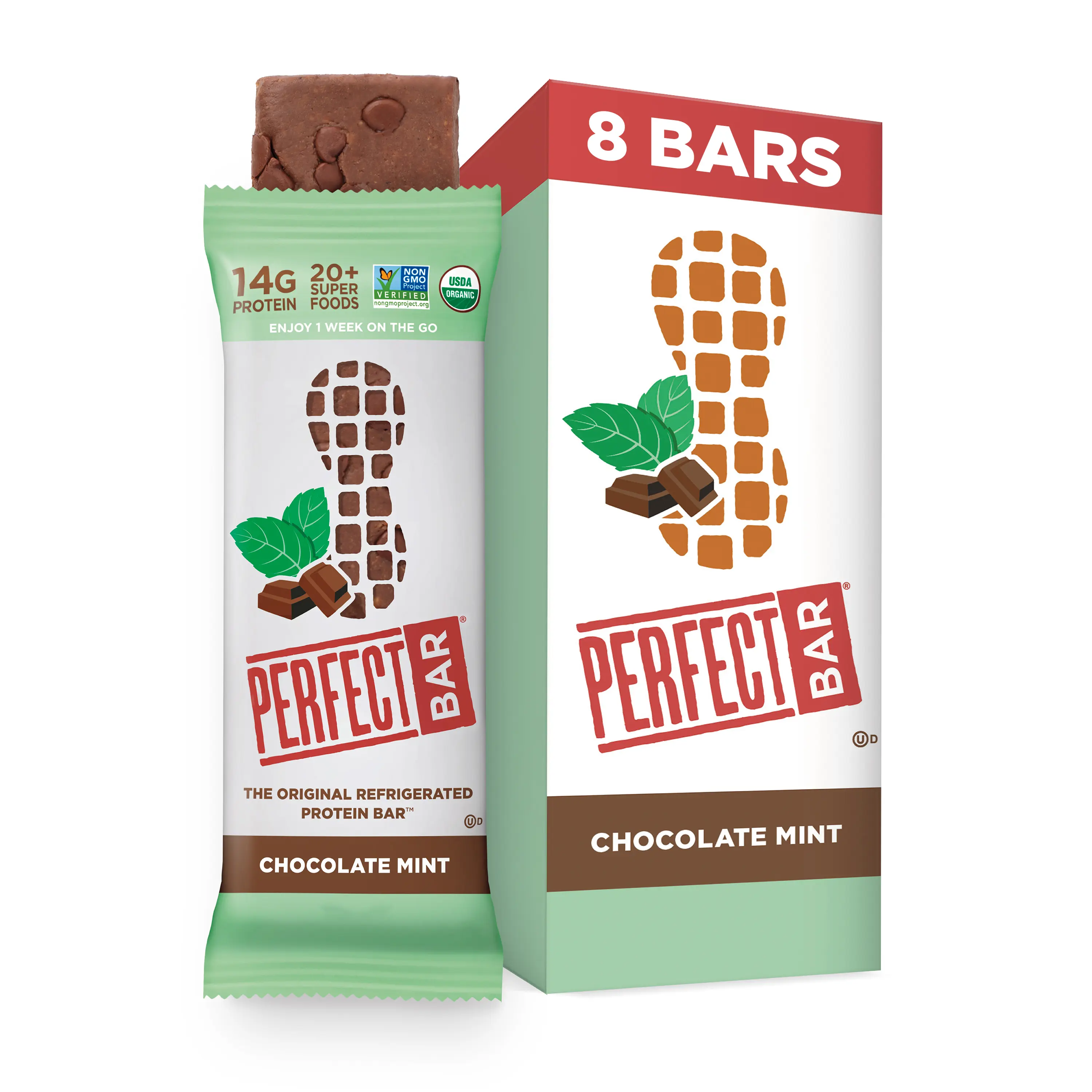 Perfect Bar Chocolate Mint High Protein 14g USDA Organic 20+ Superfoods Non-GMO Project Verified Organic Honey No Sugar Alcohols 2.5 Ounce Bar 8 Count Snack - Peanut