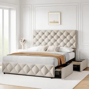 【Christmas Gift】Queen Size Bed Frame with 4 Storage Drawers, Upholstered Platform Bed Frame with Adjustable Headboard, Diamond Stitched Button Tufted, Wood Slats Support, No Box Spring Needed Apartment Furniture Unique Bedroom Furniture