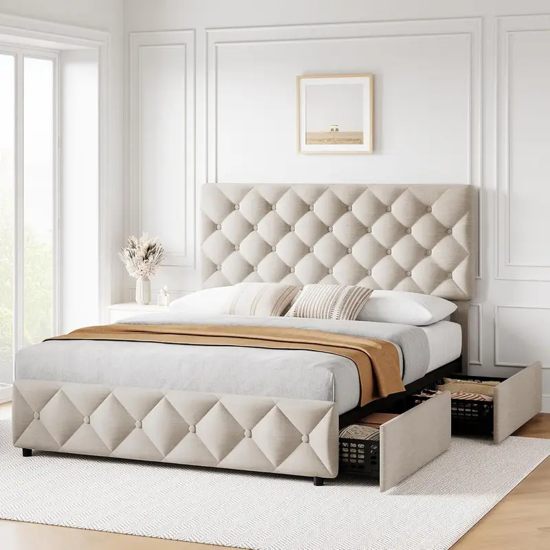 Queen Size Durable Upholstered Storage Bed Frame with 4 Drawer Compartments, Adjustable Height Headboard, Diamond Stitched Button Tufting, Wood Slat Support, No Box Spring Needed, Assembly Required, Apartment Indoor Furniture [Christmas Gift], With Compar