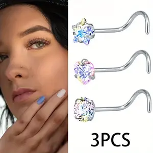 3PCS Stainless Steel Nose Studs Sexy Versatile Nose Rings Women Piercing Jewelry Exquisite Shiny Zircon Stud Earrings Set