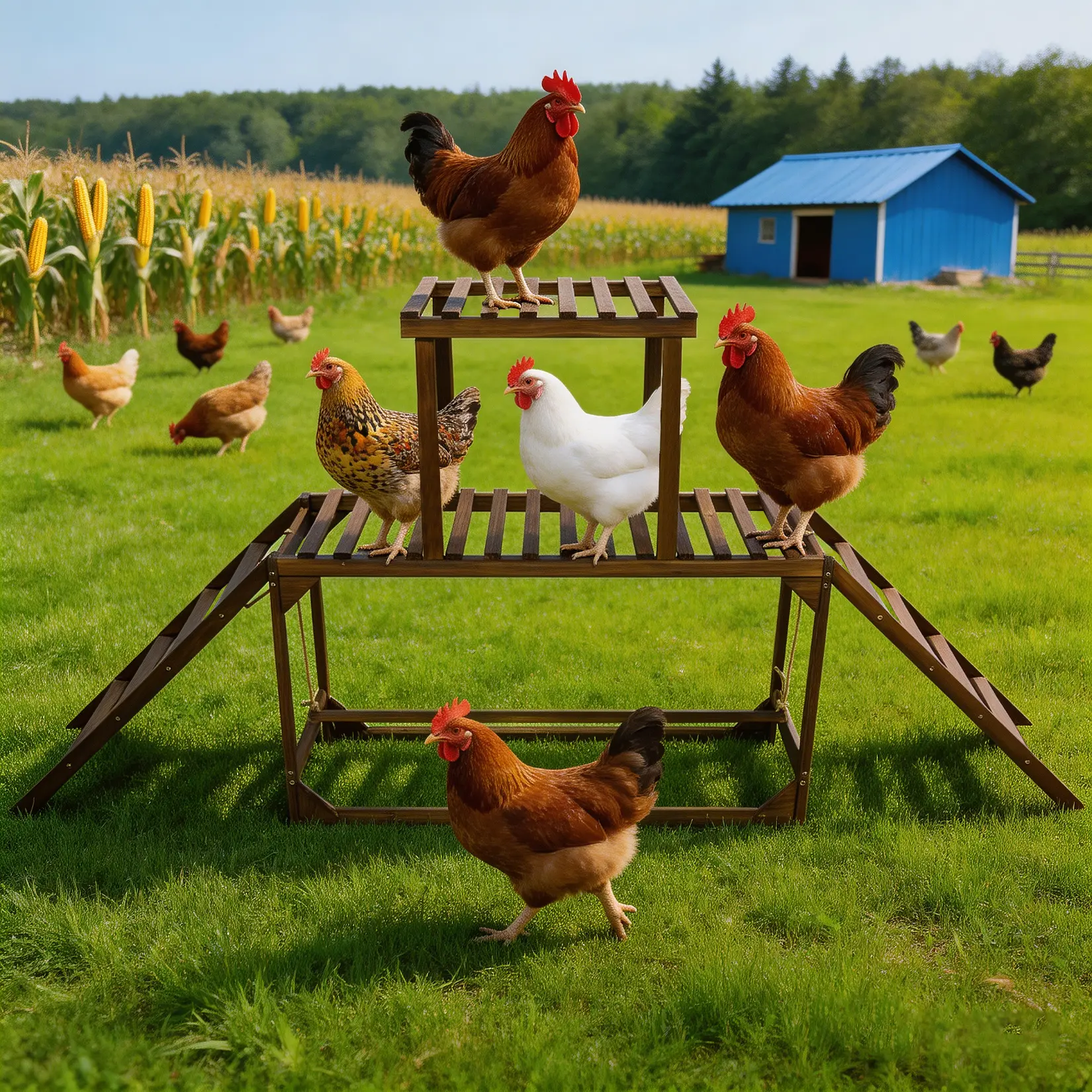 Bingopaw Wooden Chicken Jungle Gym with Ladder and Swing, 2-Tier Roosting Bar Stand for 8-10 Hens, Natural Pine Poultry Playground with Wide Slatted Platform