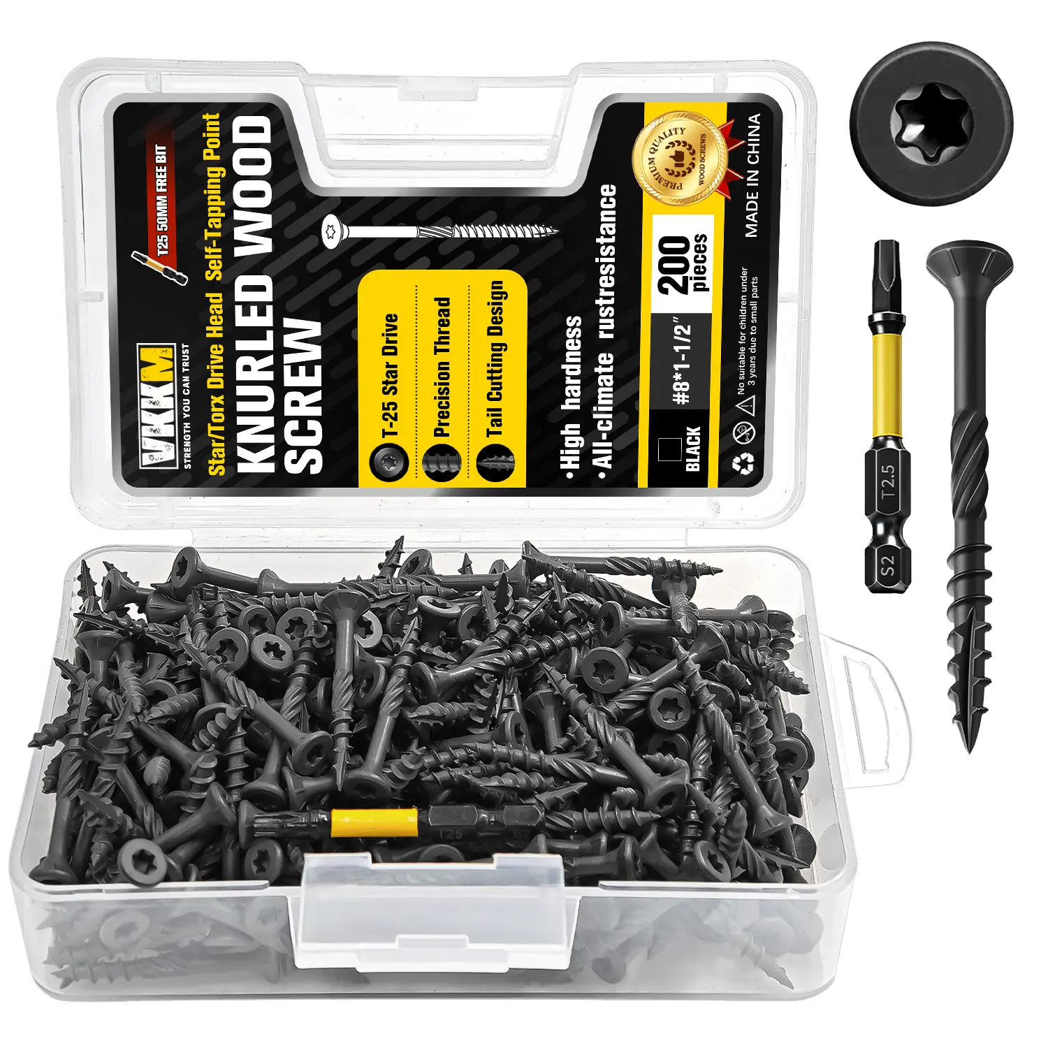 VKKM 200 Pieces #8 x 1.5 in Flat Black T25 Torx Star Drive Self-Tapping Wood Screws - Anti-Rust Coat, High Hardness, Knurled Head Fasteners with Free Bit Set for Wood Surfaces, Deck Construction, Fence Assembly, Gazebos, Year-Round Use