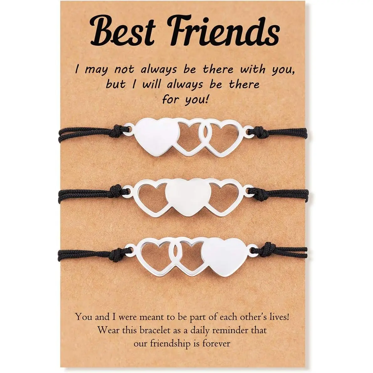 2/3/4/5/6 Pcs Triple Hearts Bracelet Set for Best Friends, 316L Stainless Steel High Polish Matching Jewelry, Adjustable Friendship Gift, Bracelet Bundle, Adjustable Rope