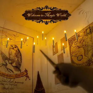 12pcs Hanging Floating Candles With Wand Remote And String, Flying Flameless LED Taper Candles Warm White Light, Battery Operated Window Candles With Wand, For Halloween Christmas Party Ornaments Decor Decoration Plastic Spooky Decorating