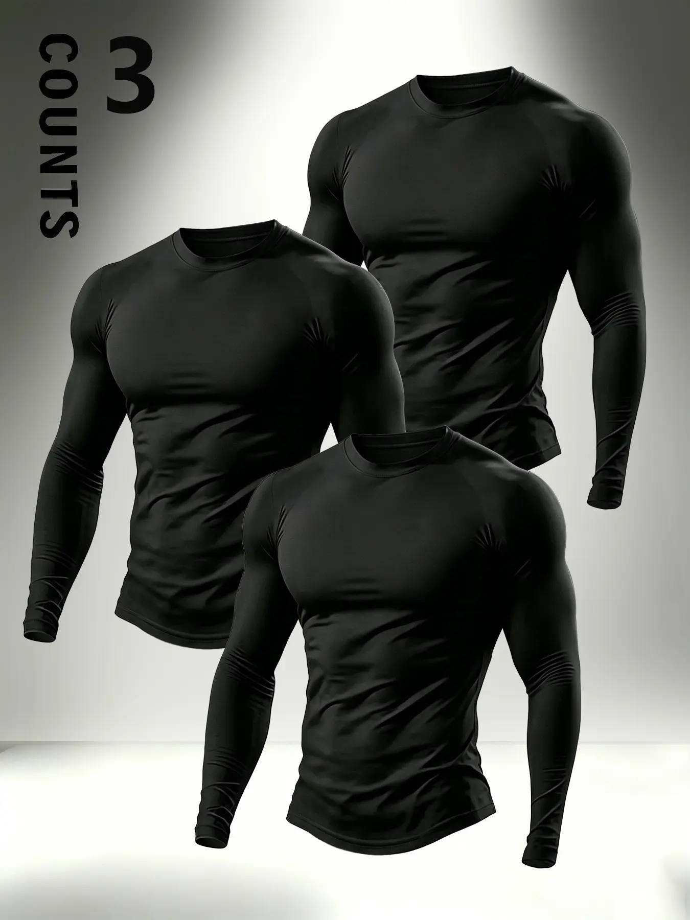 Men's 3-Pack Solid Fitted Long Sleeve T-Shirts, High-Elastic Quick-Dry Fitness Compression Tops, Spring Fall Running Training Set, Fitness Apparel